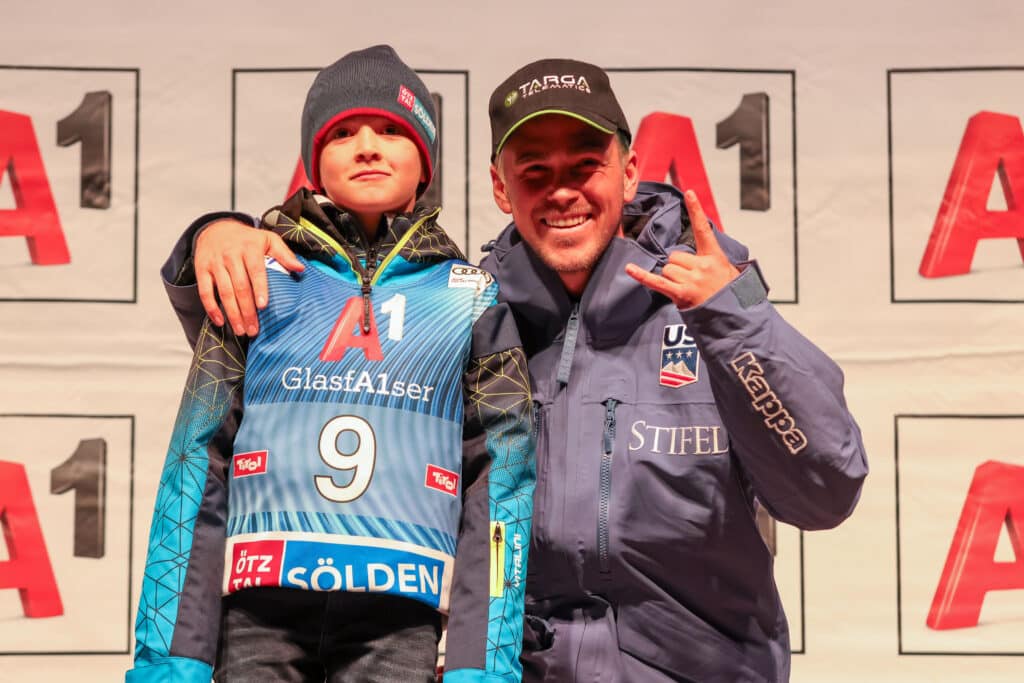River Radamus (USA) with a fan at the bib draw ceremony for the Zermatt-Cervinia World Cup downhill. Credit: GEPA pictures/ Mathias Mandl