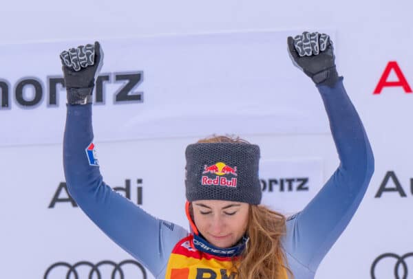SANKT MORITZ,SWITZERLAND,08.DEC.23 -  ALPINE SKIING - FIS World Cup, Super G, ladies, award ceremony. Image shows Sofia Goggia (ITA). Photo: GEPA pictures/ Edgar Eisner