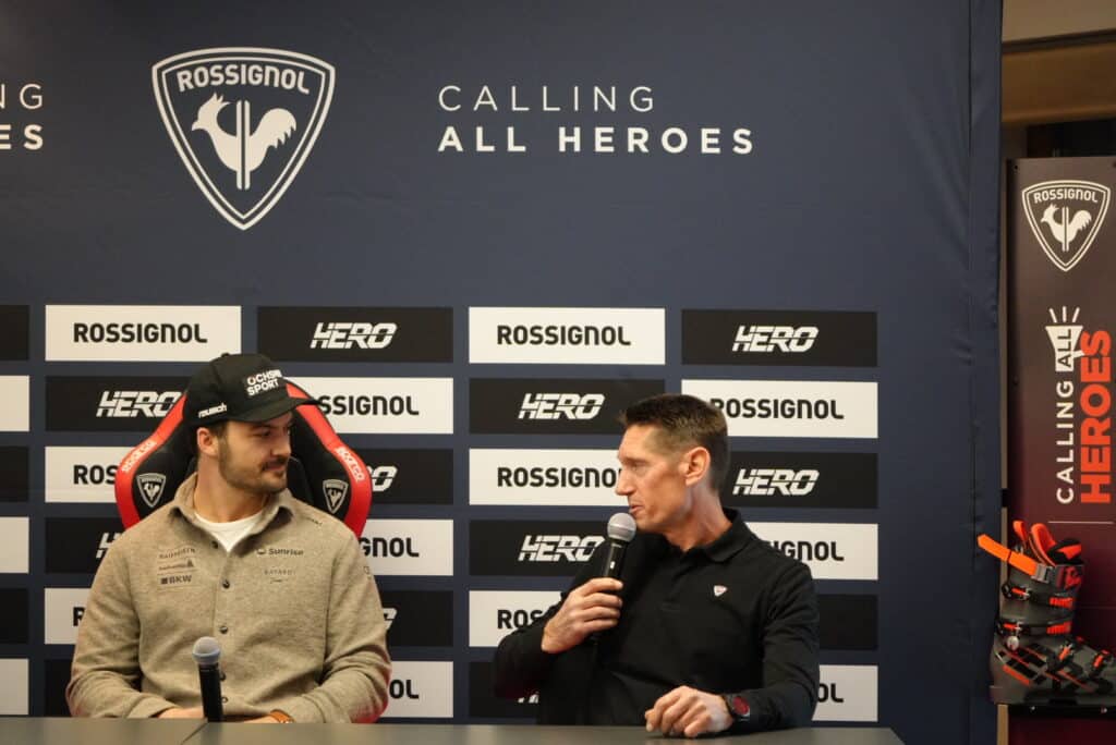 Loïc Meillard with Stéphane Mougin from the Rossignol Group. Credit: The Rossignol Group