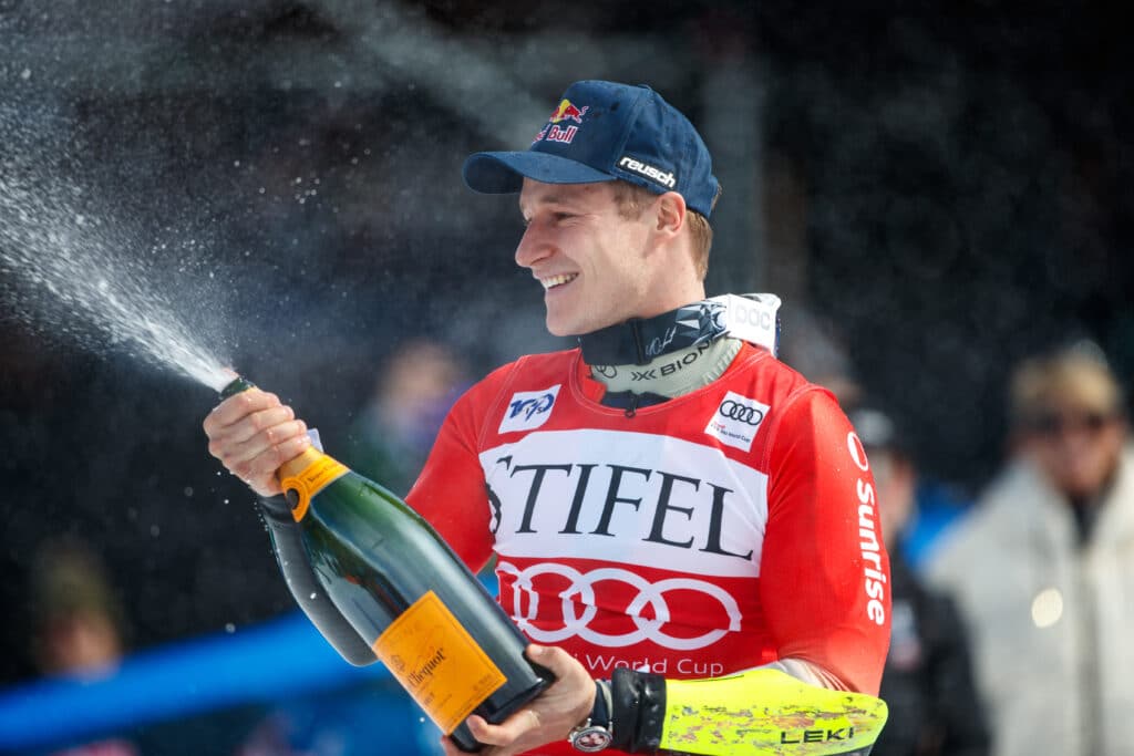 Marco Odermatt celebrating.