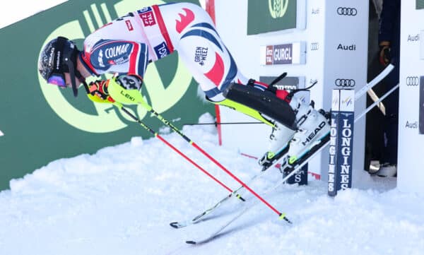 Gurgl winner Paco Rassat kicking out of start
